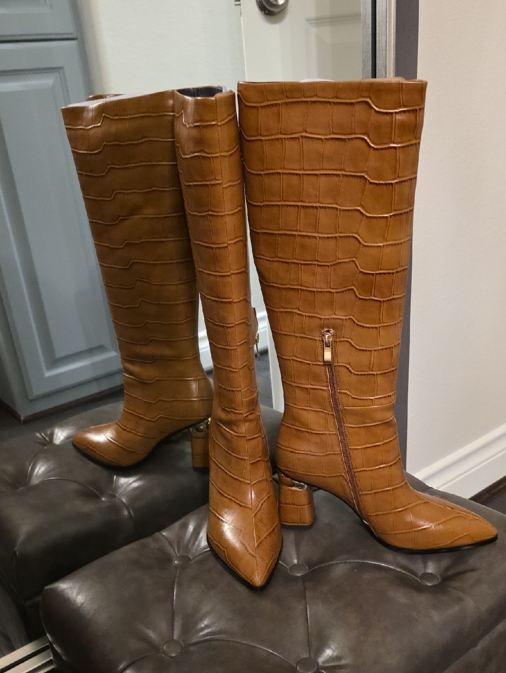 Cognac Croc-Embossed Knee-High Heeled Boots